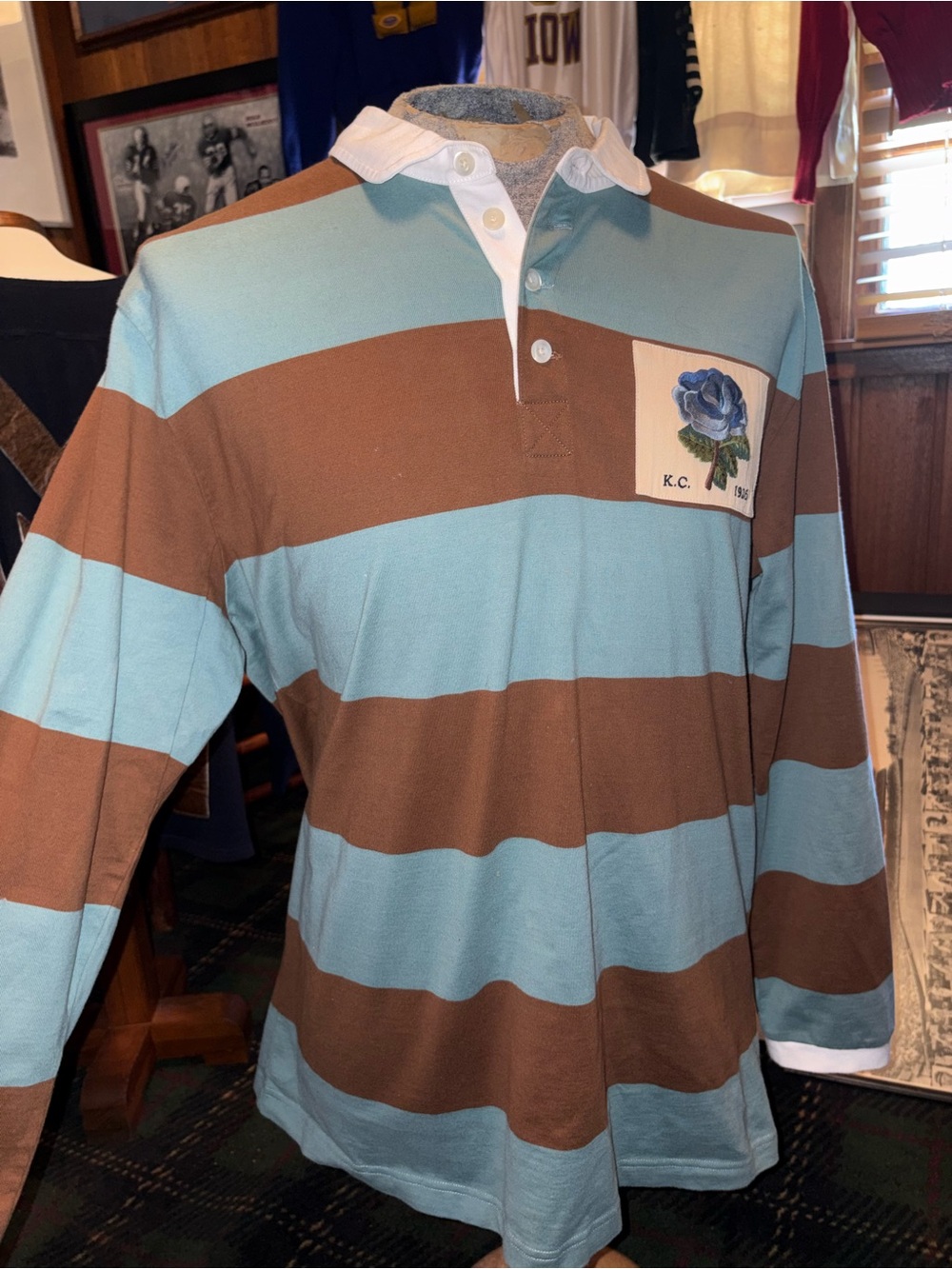 Men's Long-Sleeve Stripe Rugby Polo - Light Blue and Brown